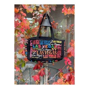 Black Canvas Tote Bag Rainbow Mixed Font Las Vegas Graphic Top Zip Travel